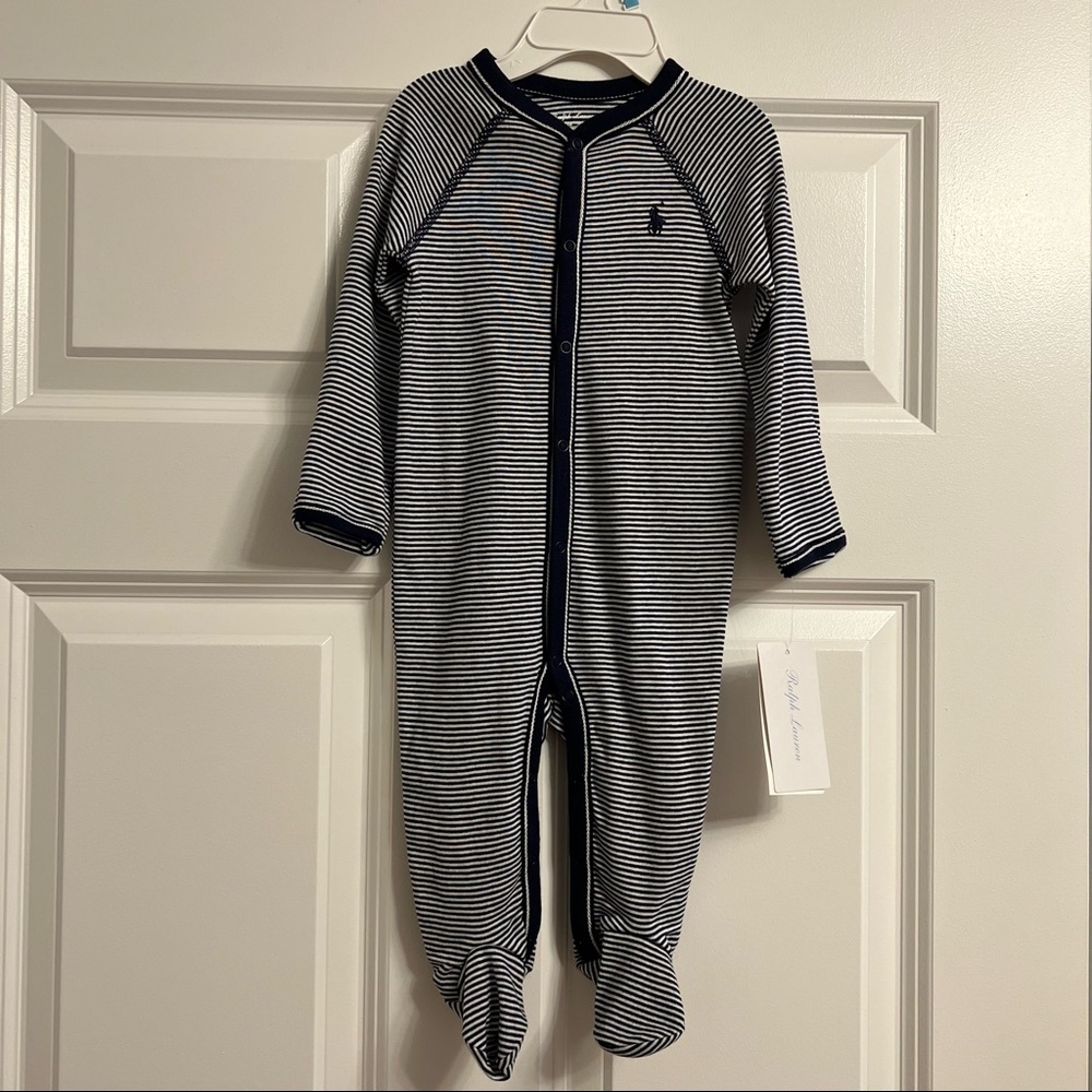 NWT Ralph Lauren navy and white stripe onesie 6 months